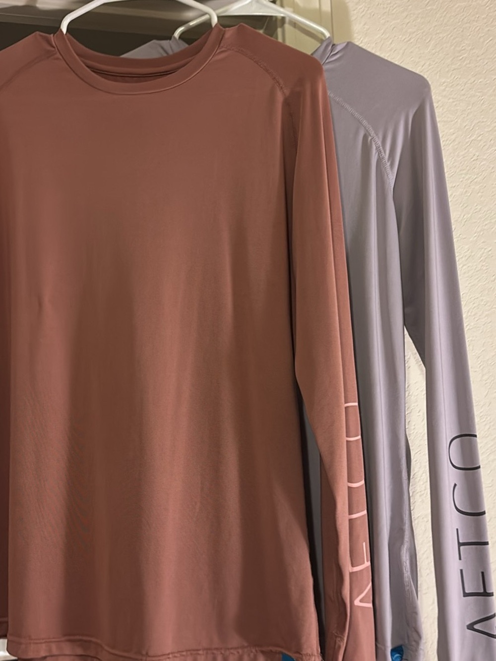 AFTCO Long Sleeve Performance Tee in Rosewood and Light Lavender